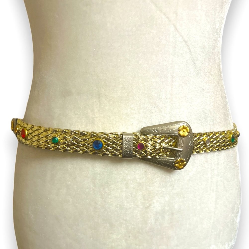 Braided belt gold toned faux leather lightweight western  stones bling EUC - Picture 3 of 8